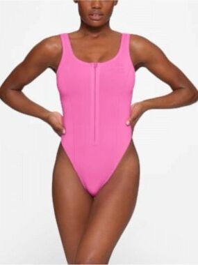 SKIMS Hot Pink Zip-Front One-Piece Swimsuit